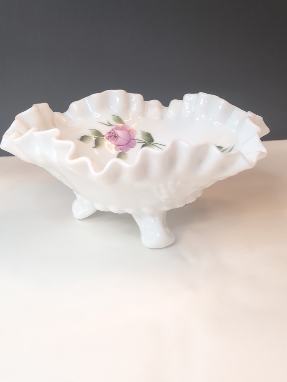 Westmoreland Hand Painted Milk Glass Ruffled Edge Pedestal Bowl